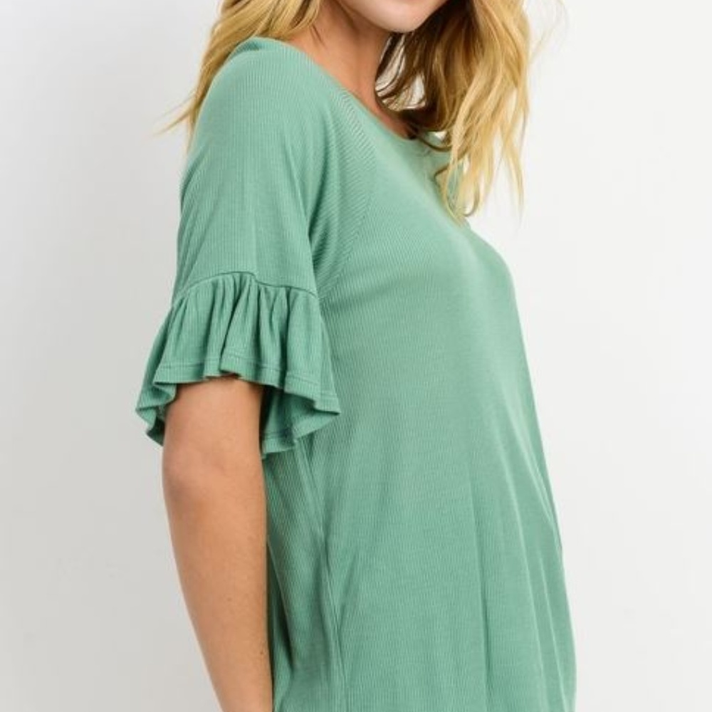 Ruffle Short Sleeves Raglan Ribbed Top - Picture 4 of 7